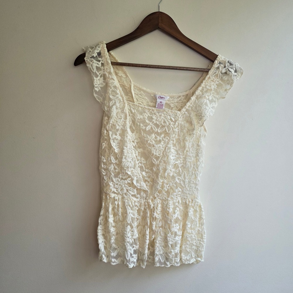 Candies Cream Floral Lace Peplum Top‎ Y2k Coquette Flutter Sleeve XS Soft Girl